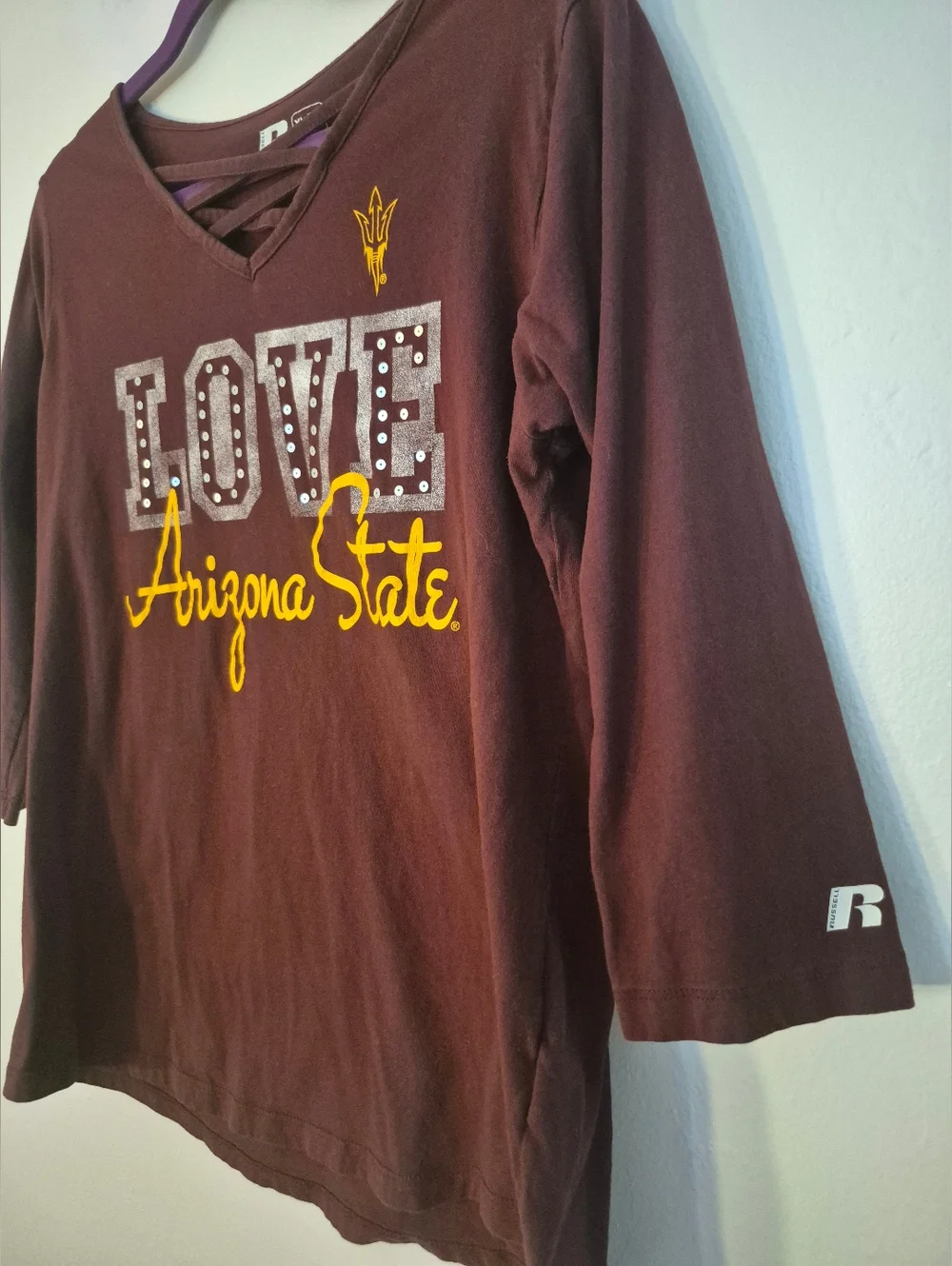 ASU XL Maroon Top Shirt Back Criss Cross Sparkle & Print - Picture 3 of 6